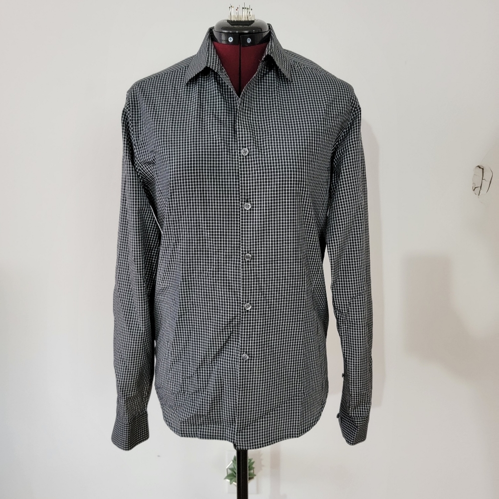 Theory black and white plaid long sleeve button down men's shirt, size S